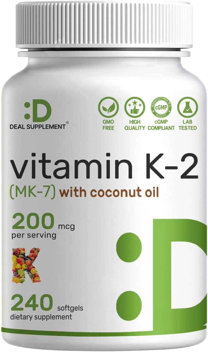 Deal Supplement Vitamin K2 Mk-7 200Mcg Per Serving, 240 Coconut Oil Softgels | Easily Absorbed Menaquinone-7 Form | Bone, Joint, & Immune Support  Non-Gmo
