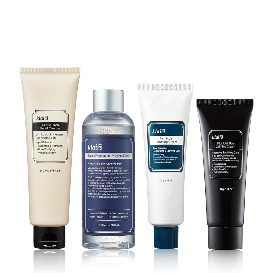 Dearklairs [Klairs] Korean Skincare Beginner Kit, 4Pc Set, Cleanser To Cream