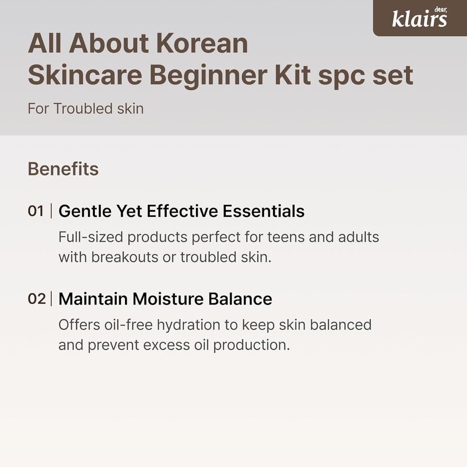 Dearklairs [Klairs] Korean Skincare Beginner Kit, 4Pc Set, Cleanser To Cream