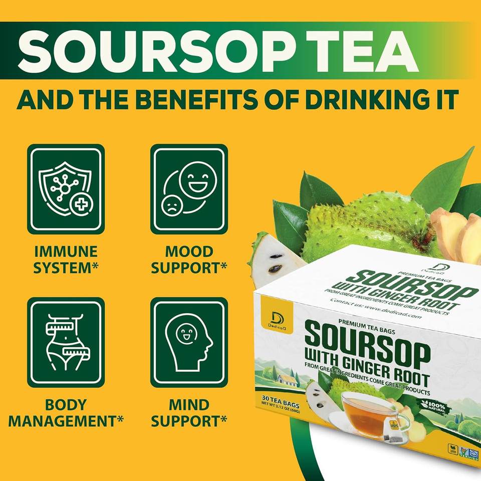 Dedicad Soursop Leaves Tea Bags With Ginger, 30 Tea Bags, 2Gr/Bag - Non-Gmo/Caffeine Free - Support Digestion, Well Skin, Immune System