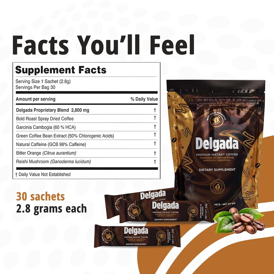 Delgada Instant Coffee - Premium Garcinia Cambogia And Ganoderma, Rich Bold Taste - 30 Sachets
