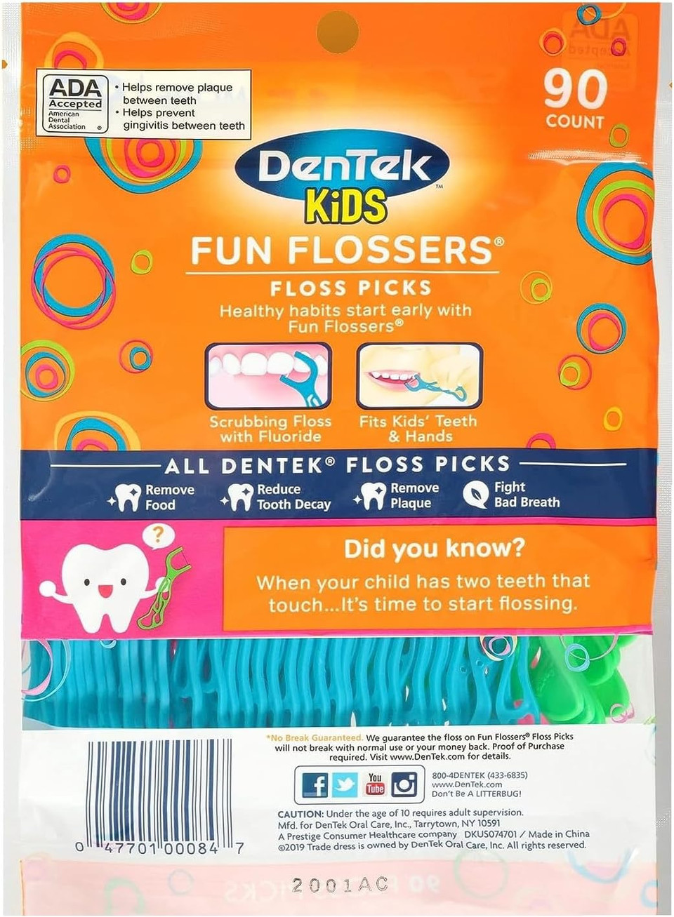 Dentek Kids Fun Flossers, Floss Picks, Removes Food & Plaque, 90 Count