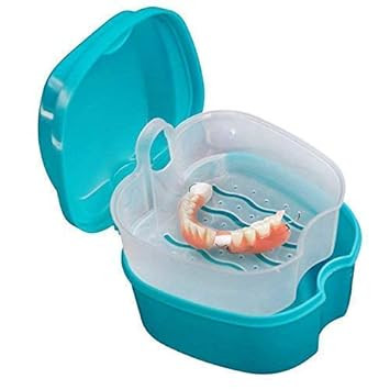 Denture Case, Denture Cup With Strainer, Coolrunner Denture Bath Box False Teeth Storage Box With Basket Net Container Holder For Travel, Retainer Cleaning (Blue) (Dark Blue)