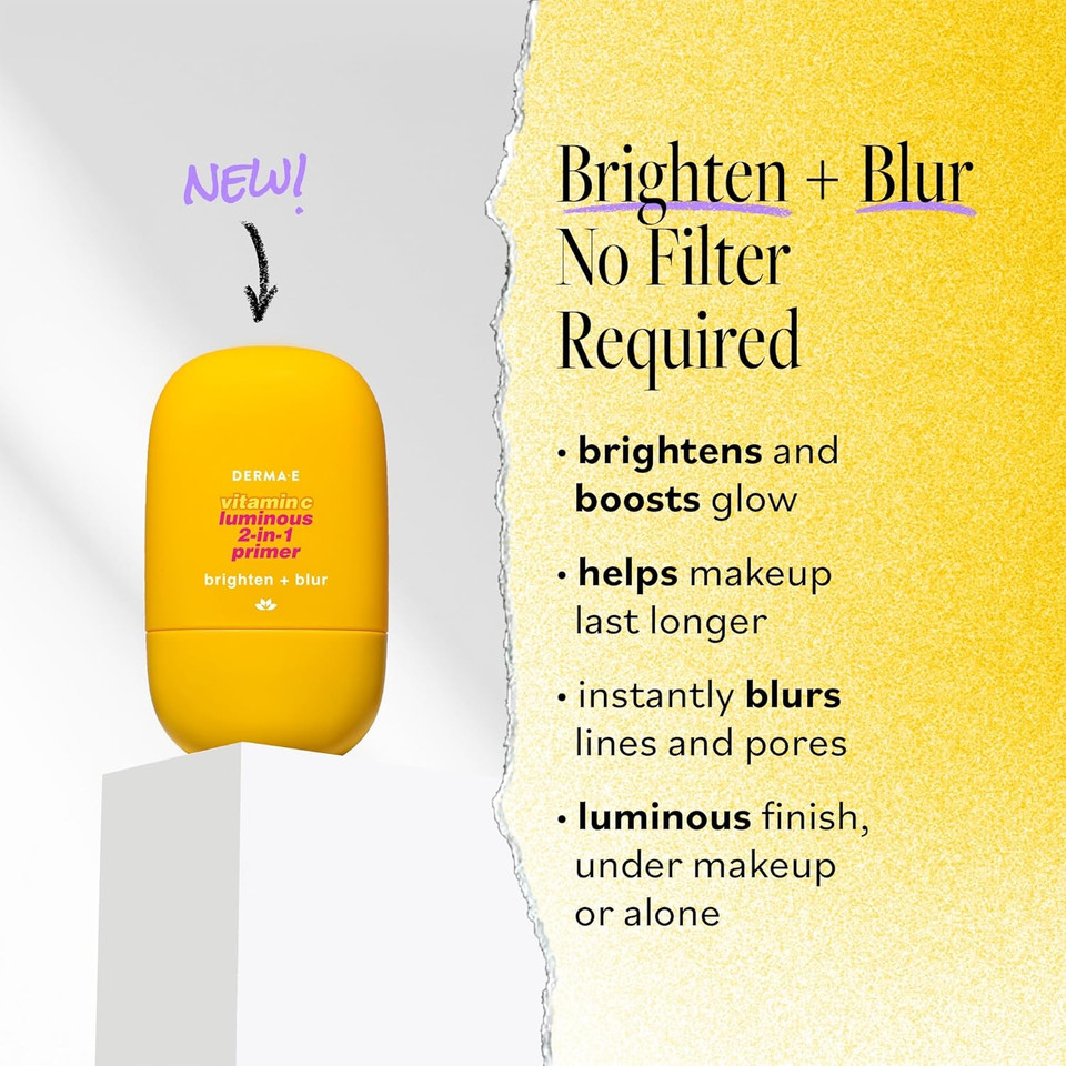 Derma E Face Primer, Vitamin C Luminous 2-In-1 Brighten & Blur Primer, 1 Fl Oz, Stabilized Vitamin C, Hyaluronic Acid & Aloe Vera, Blurs Appearance Of Pores, Wear Under Makeup For All Day Hold