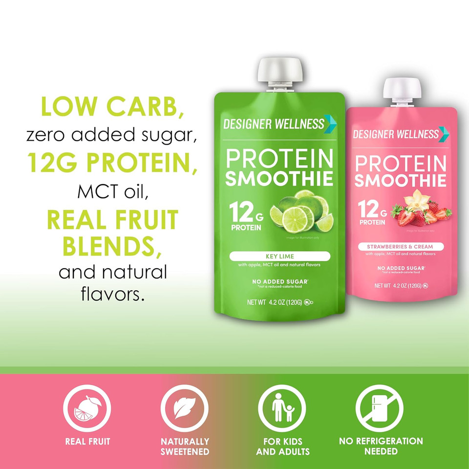 Designer Wellness Protein Smoothie, Real Fruit, 12G Protein, Low Carb, Zero Added Sugar, Gluten-Free, Non-Gmo, No Artificial Colors Or Flavors, Mix Variety, 12 Count