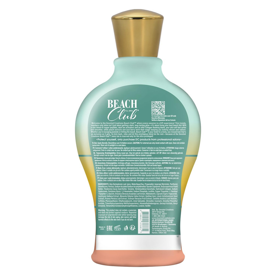 Devoted Creations Beach Club - Exclusive Skin Softening Copper Peptides + Elite Collagen Banking Complex With Peach Nectar & Acai Berry Extracts Indoor/Outdoor Dark Tanning Lotion