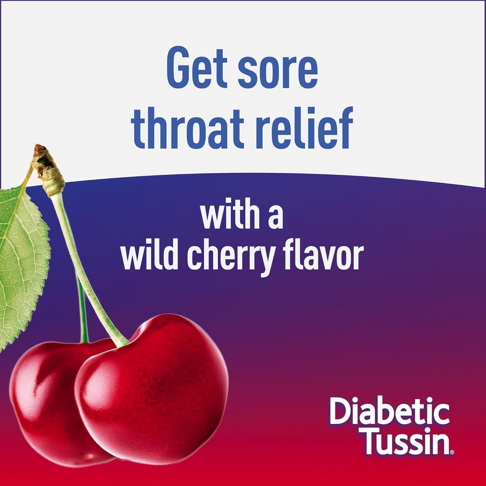 Diabetic Tussin Sore Throat Lozenges, Multi-Symptom Relief Cough Drops, Sugar Free Wild Cherry Flavor, 15 Cough Lozenges, 1 Box