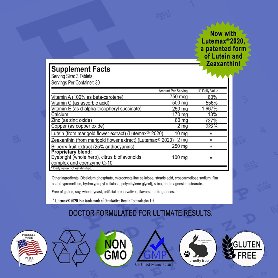 Diamond Eye Health - Natural Vitamins For Complete Eye Support - Healthy Eye Vitamins - Eye Health Vitamins To Help Preserve Aging Eyes - Vegan, Gluten-Free, Dairy-Free - (90 Count)