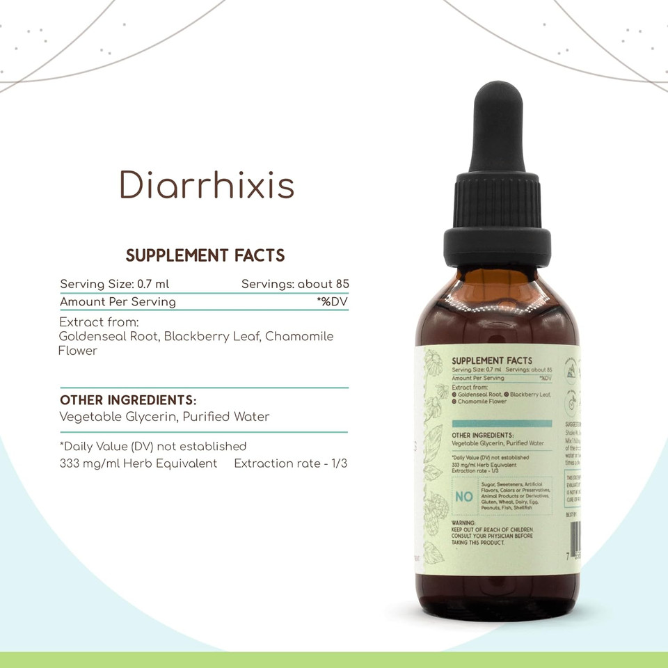 Diarrhixis B60 Alcohol-Free Extract Tincture, Blackberry Leaf, Chamomile Flower, Goldenseal Root. Diarrhea Care 2 Fl Oz