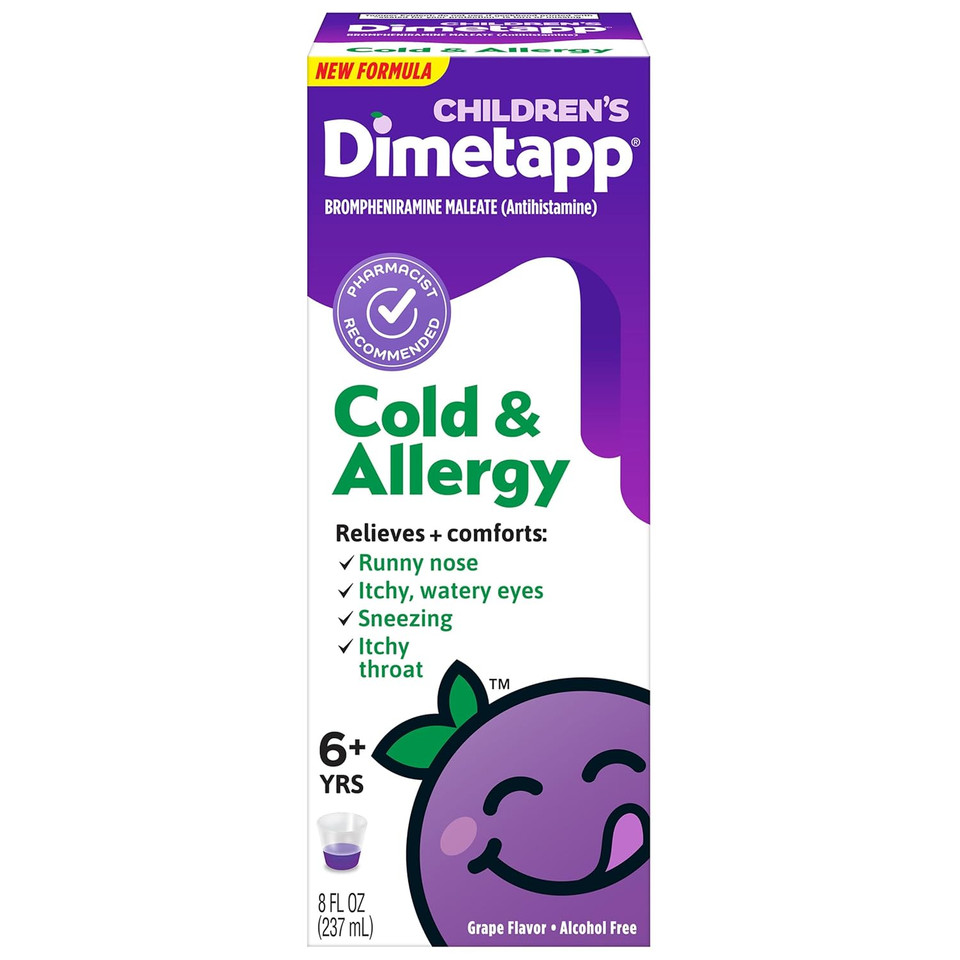 Dimetapp ChildrenS Fast-Acting Cold & Allergy Medicine, Antihistamine, Relieves Runny Nose, Sneezing, Itchy, Watery Eyes & Itchy Throat, Grape Flavor, Alcohol-Free, Phenylephrine-Free, 8 Fl Oz