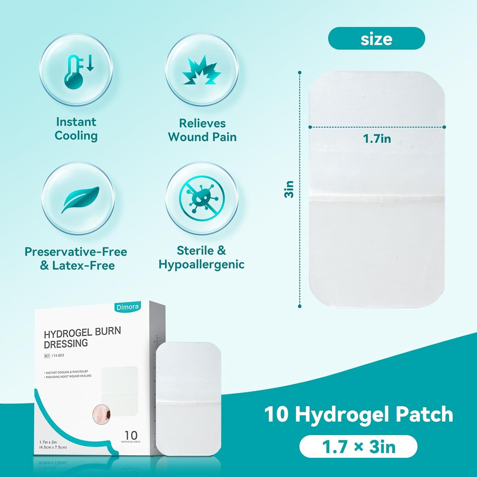 Dimora Hydrogel Burn Dressing 4" X 4" - Burn And Wound Dressing Instant Cooling Relief For Minor Burns & Wounds, Soothing Moist Burn Pads For 1St-2Nd Degree Burns, Cuts, Abrasions(10 Count)