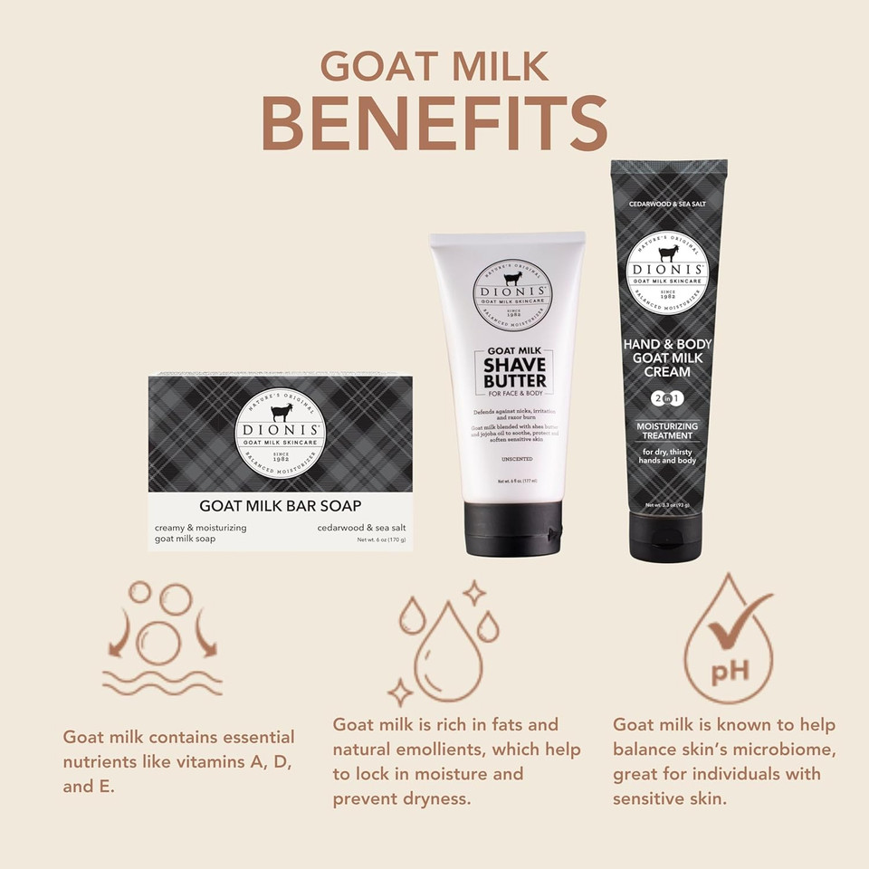 Dionis Goat Milk Skincare Cedarwood & Sea Salt Bath & Body 3Pc Gift Set - Blended Shea & Jojoba Oil Shave Butter For Sensitive Skin, Hydrating, Moisturizing Lotion & Nourishing Triple Milled Bar Soap
