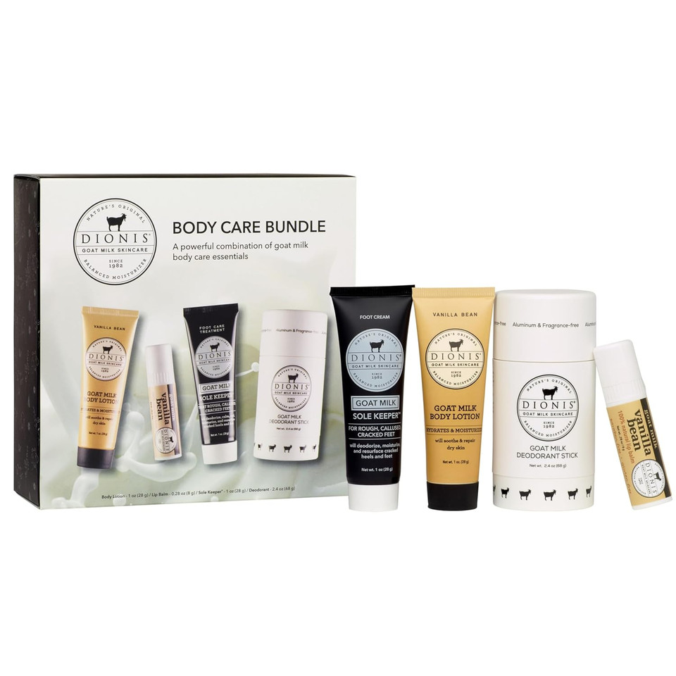 Dionis Goat Milk Vanilla Bean Core Body Care Bundle - Travel Size Scented Lip Balm, Sole Keeper Foot Cream For Dry Feet, Mini Hydrating Lotion & Full Size Aluminum Free Deodorant Stick
