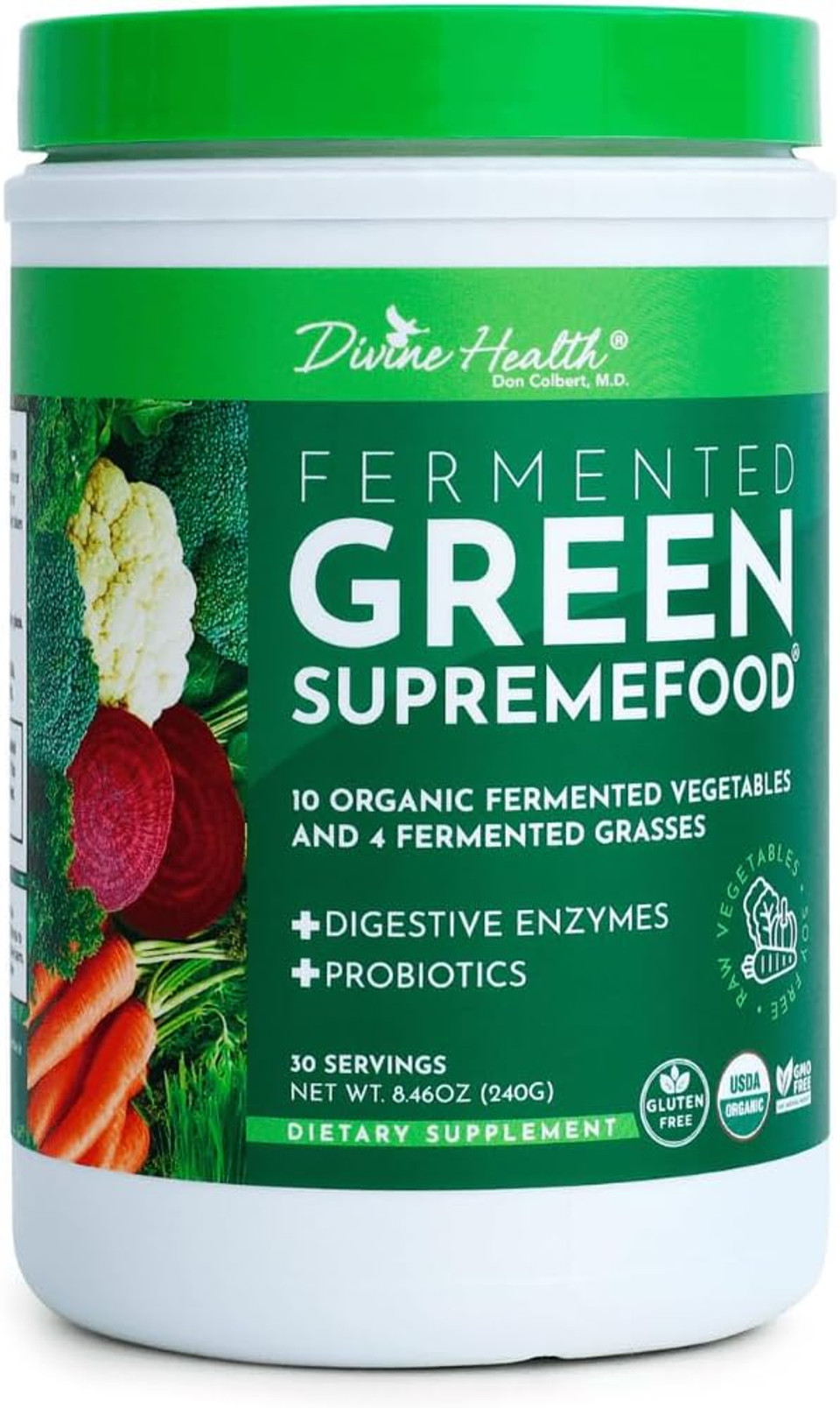 Divine Health Fermented Green Supremefood | 14 Usda Organic & Fermented Vegetables And Grasses | Probiotics | Enzymes | Apple Cinnamon Flavor | 30 Servings | 240G