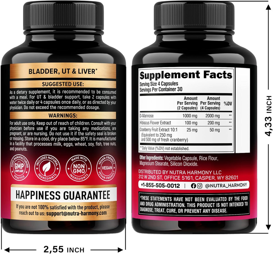 D-Mannose 2000Mg With Cranberry & Hibiscus - Clinically Tested Strength For Urinary Tract Health - Supplement For Women - Bladder, Liver & Microflora Support - Made In Usa - Vegan, 120 Capsules