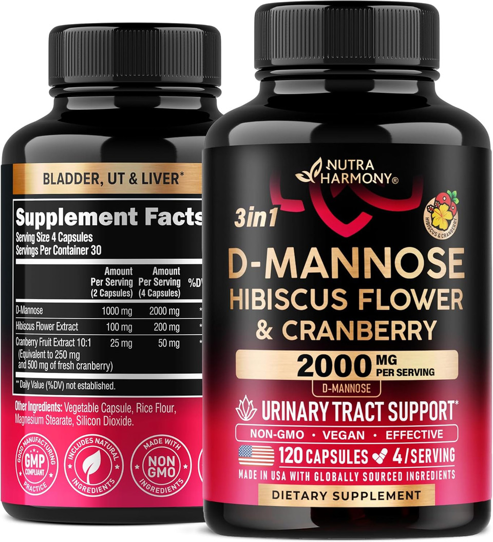D-Mannose 2000Mg With Cranberry & Hibiscus - Clinically Tested Strength For Urinary Tract Health - Supplement For Women - Bladder, Liver & Microflora Support - Made In Usa - Vegan, 240 Capsules