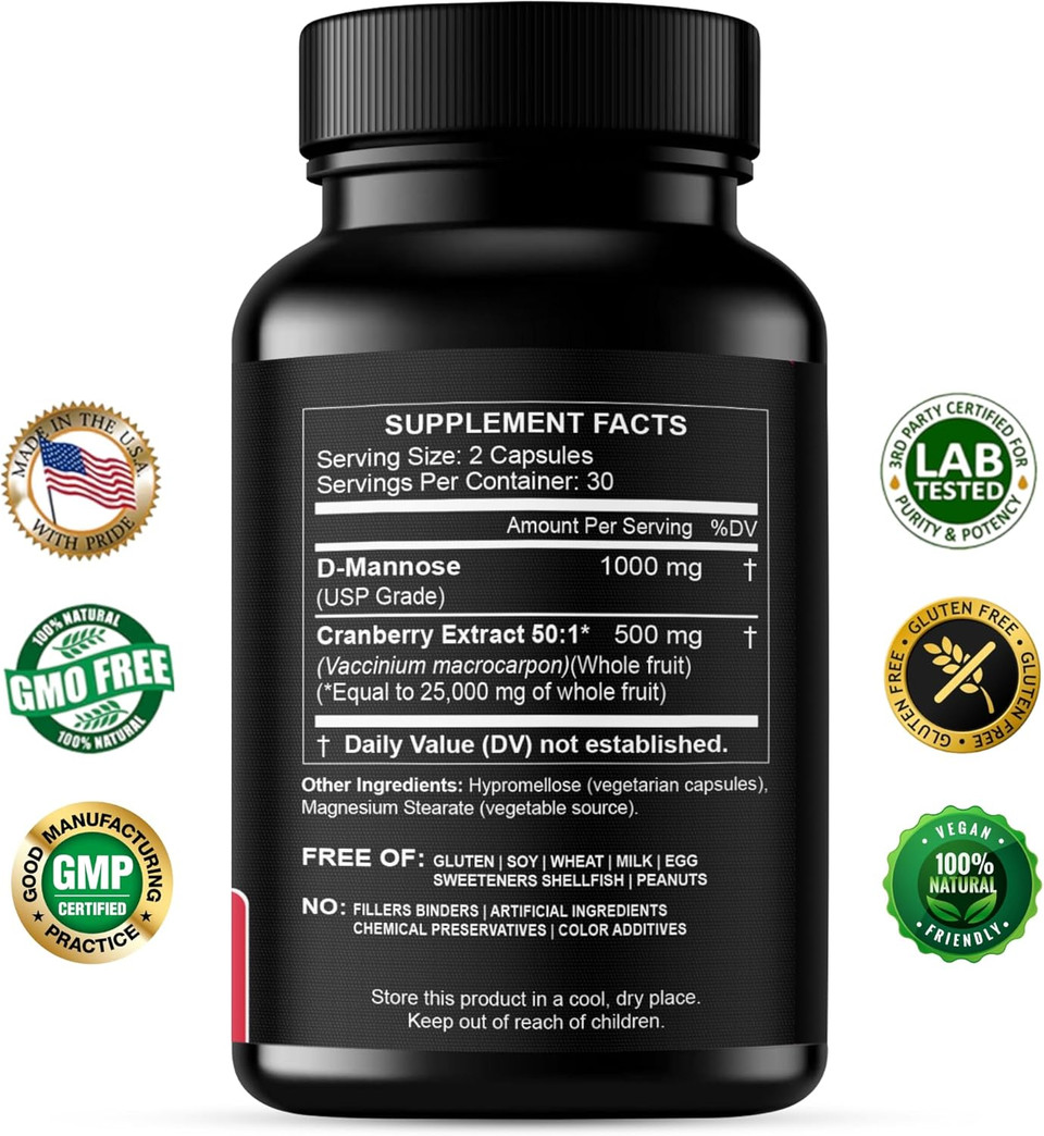 D-Mannose With Cranberry Extract Capsules 1500Mg  High Potency Usp Grade D-Mannose Supplement With Whole Fruit Cranberry Powder  Urinary Tract Support  Non-Gmo 60 Capsules