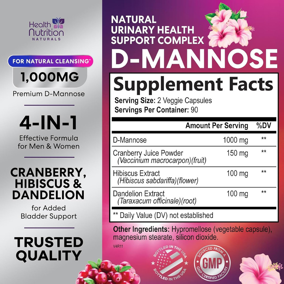 D-Mannose With Cranberry, Hibiscus & Dandelion 1350Mg Advanced Formula  Urinary Tract Support Supplement For Women & Men  Flush & Cleanse Impurities  Non-Gmo, Vegan For Women & Men  180 Capsules