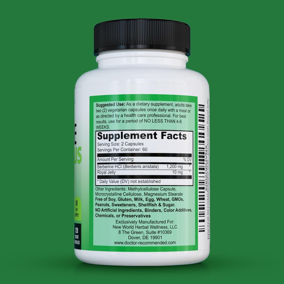 Doctor Recommended Supplements Berberine Plus 1200Mg Per Serving - 120 Veggie Capsules With Royal Jelly