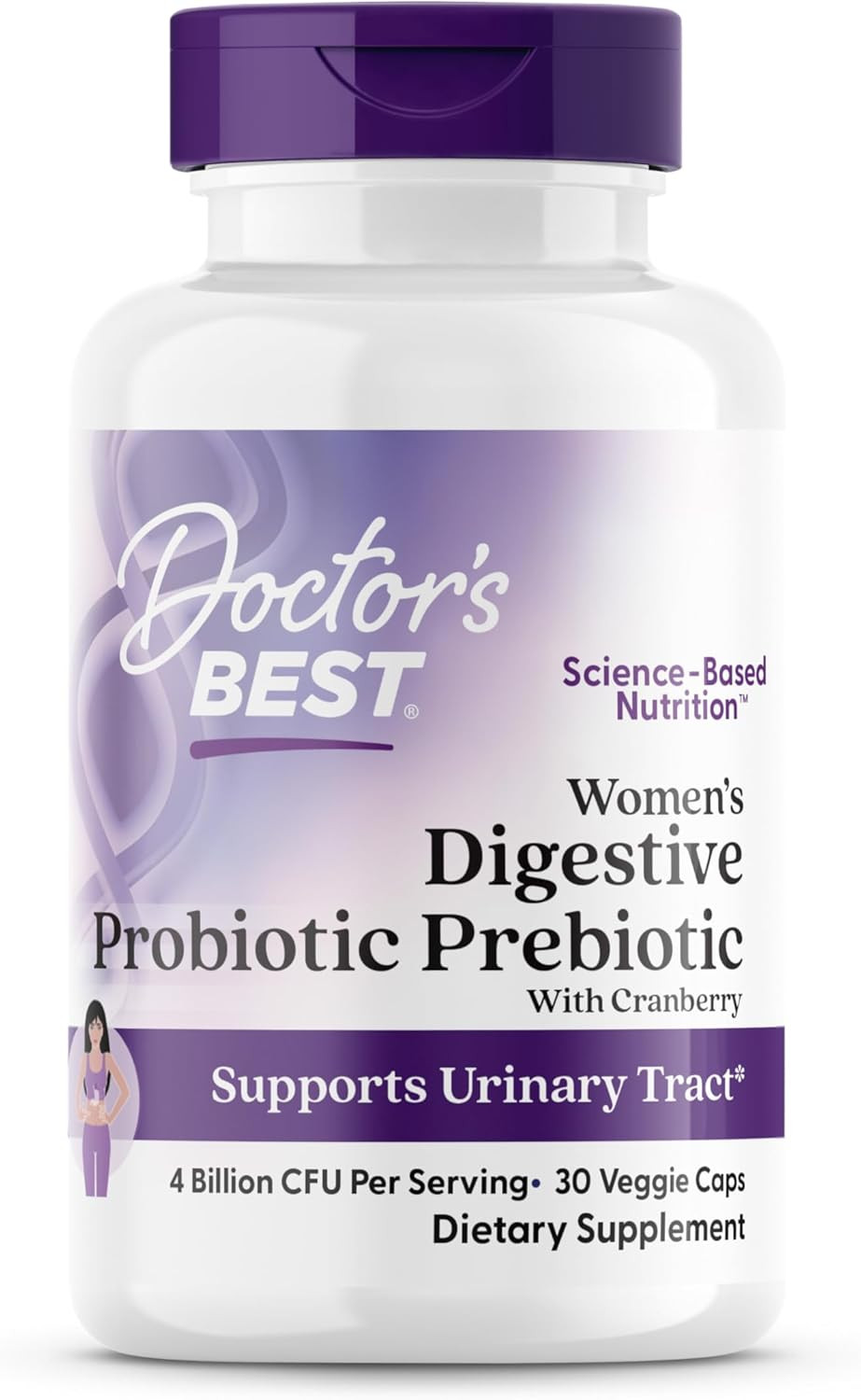 DoctorS Best Womens Digestive Probiotic Prebiotic With Cranberry And Preforpro (4 Billion Cfu), Supports Urinary Tract, Non-Gmo, Vegan 30 Veggie Caps