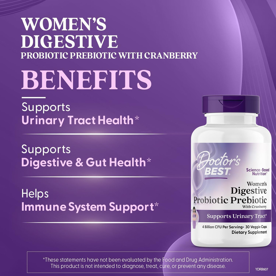 DoctorS Best Womens Digestive Probiotic Prebiotic With Cranberry And Preforpro (4 Billion Cfu), Supports Urinary Tract, Non-Gmo, Vegan 30 Veggie Caps