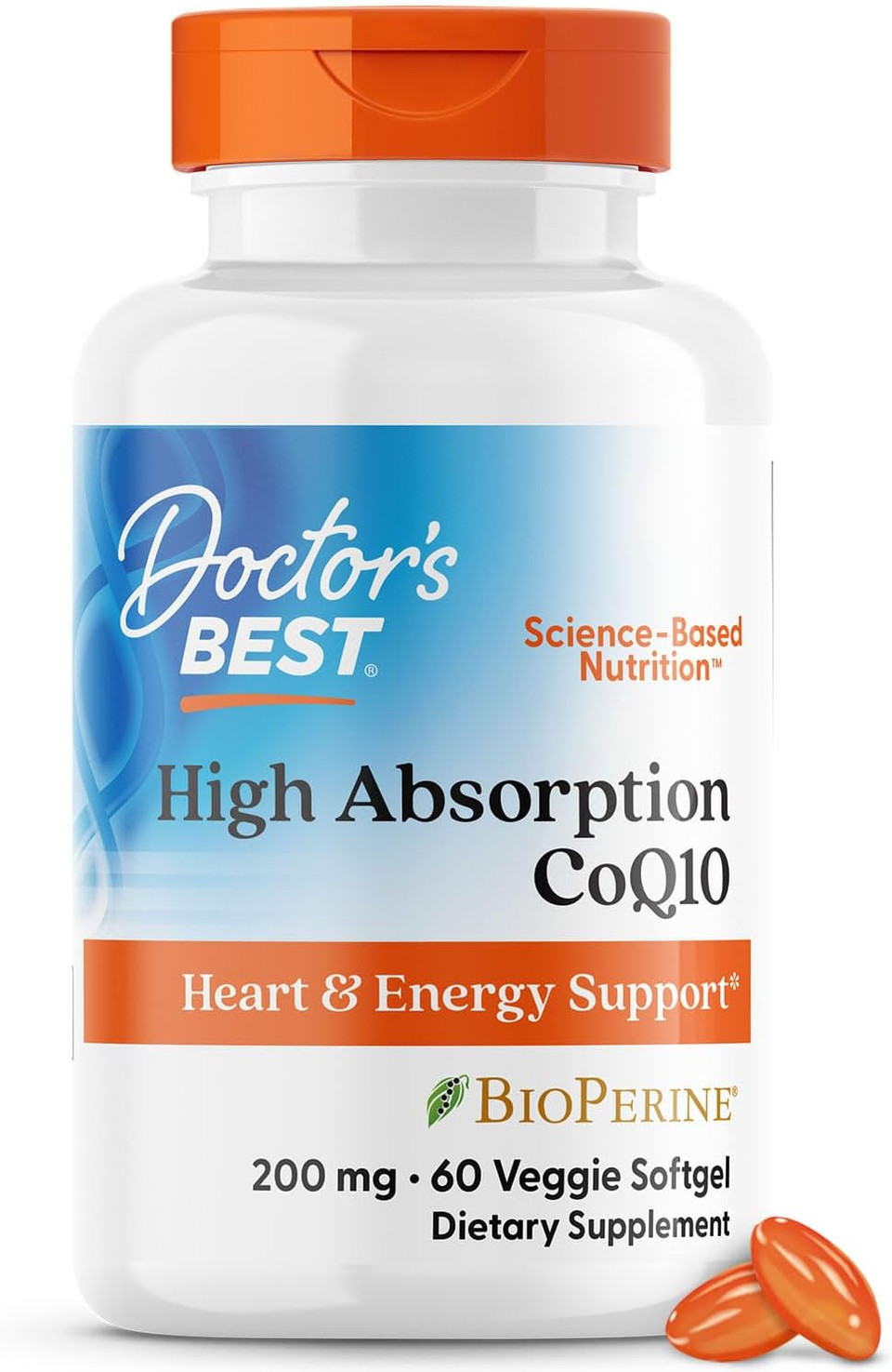 Doctor'S Best High Absorption Coq10, Heart & Energy Support, Usp Verified, Naturally Fermented Coq10, Non-Gmo Gluten Free, Soy Free, 60 Veggie Softgels