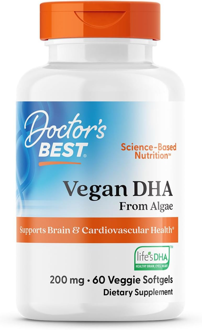 Doctors Best Vegan Dha From Algae, Supports Brain & Cardiovascular Health, Non-Gmo, Gluten Free, Soy Free, Vegan 60 Veggie Softgels