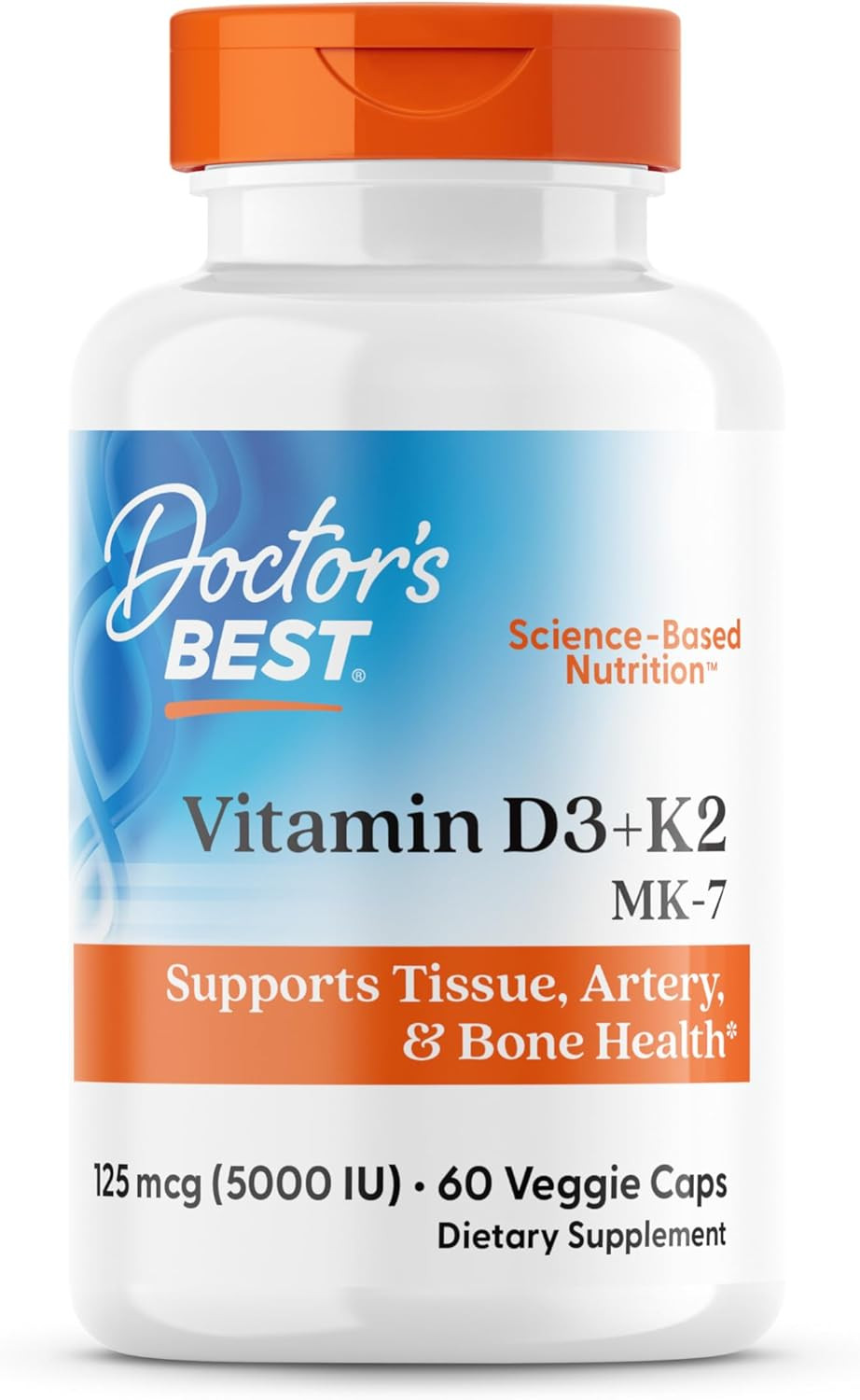 Doctor'S Best Vitamin D3 + K2 (Vitamin K2 As Mk-7), Supports Bone, Tissue, & Arterial Health, Calcium Absorption  Non-Gmo  Gluten Free  Vegetarian, 5000 Iu, 60 Veggie Caps