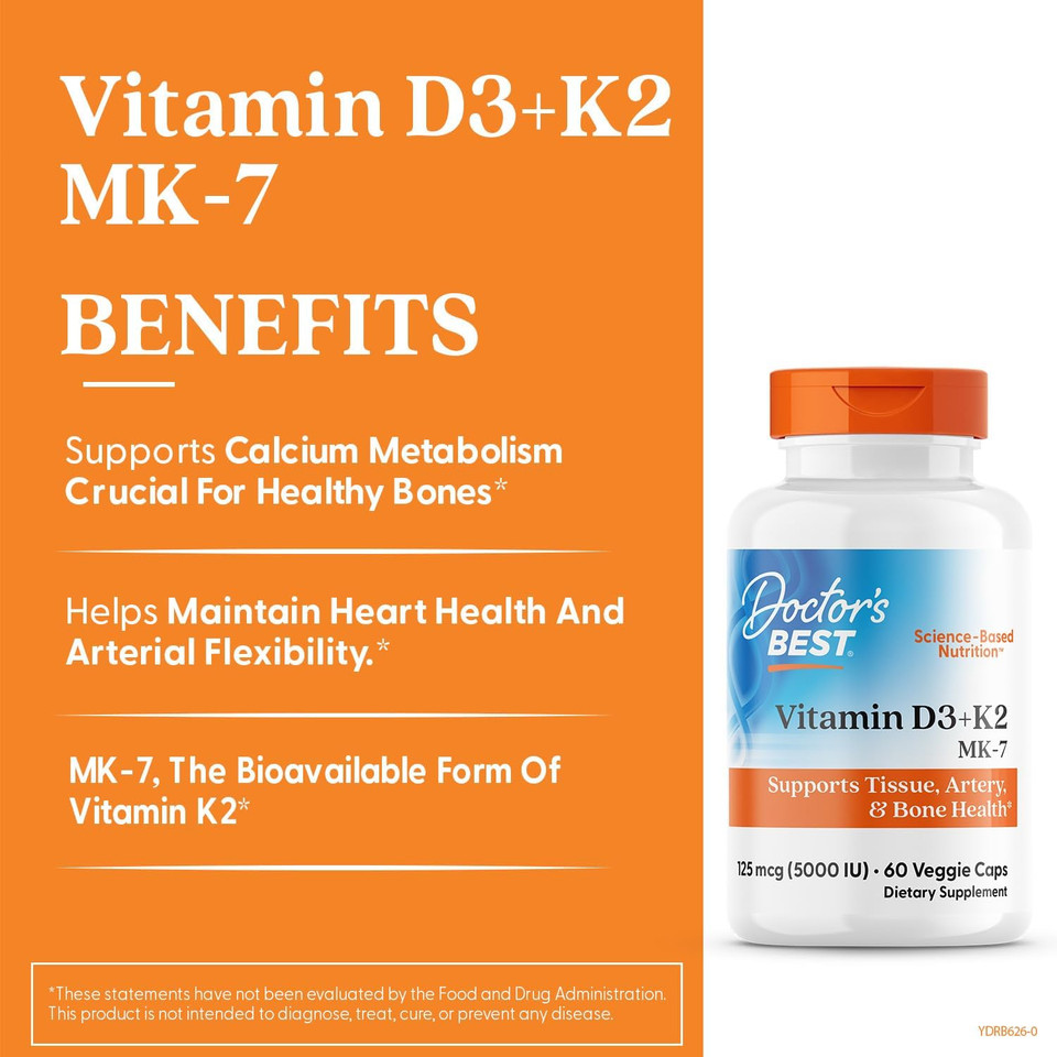 Doctor'S Best Vitamin D3 + K2 (Vitamin K2 As Mk-7), Supports Bone, Tissue, & Arterial Health, Calcium Absorption  Non-Gmo  Gluten Free  Vegetarian, 5000 Iu, 60 Veggie Caps