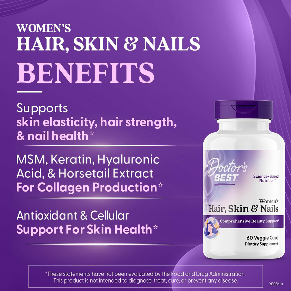 Doctor'S Best Womens Hair, Skin & Nails With Optimsm + Keraglo, Comprehensive Beauty Support, Non-Gmo, Gluten Free 60 Veggie Caps