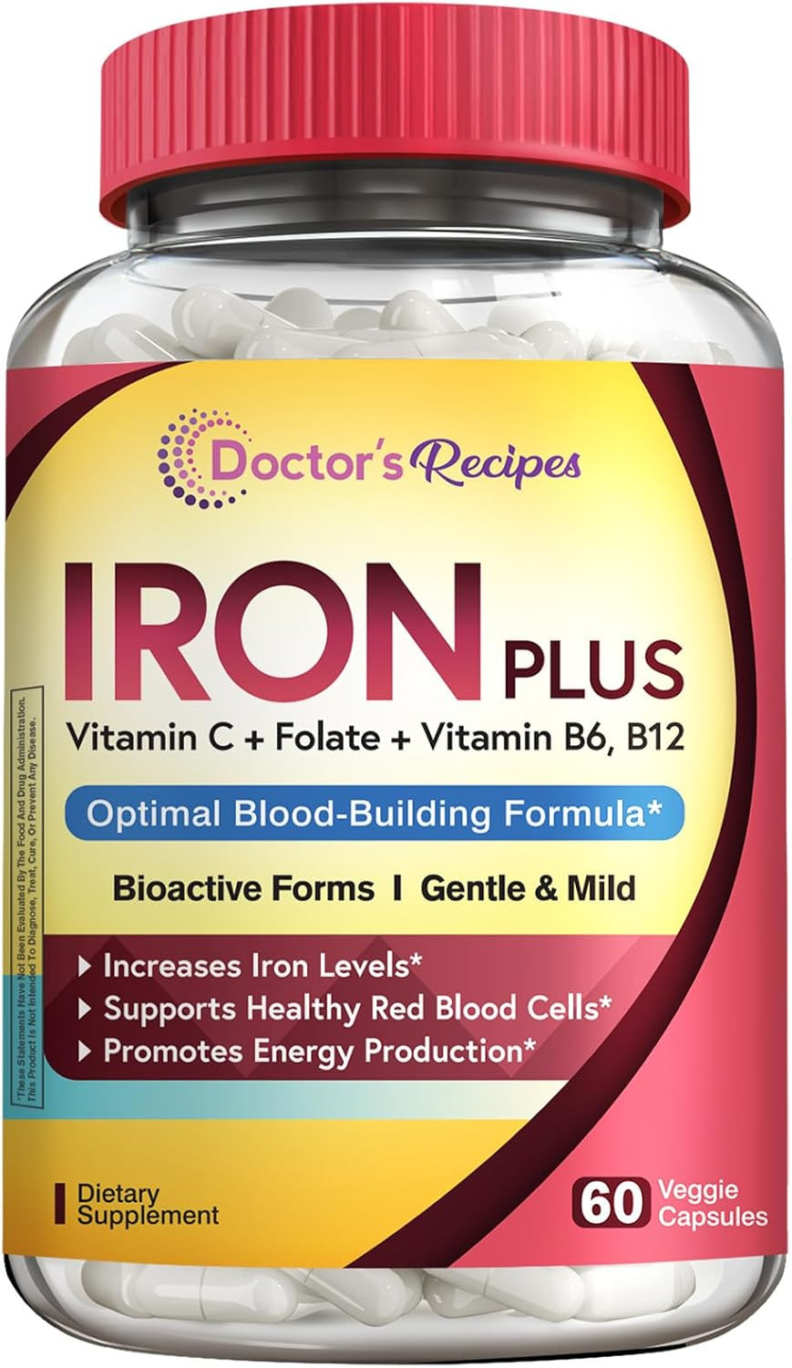 Doctor'S Recipes Iron Supplement 65 Mg With Vitamin C - Maximized Absorption & Stomach Friendly Iron Pills For Red Blood Cells Formation, Heart, Brain & Immunity Health - Vegan Non-Gmo 120 Iron Tabs
