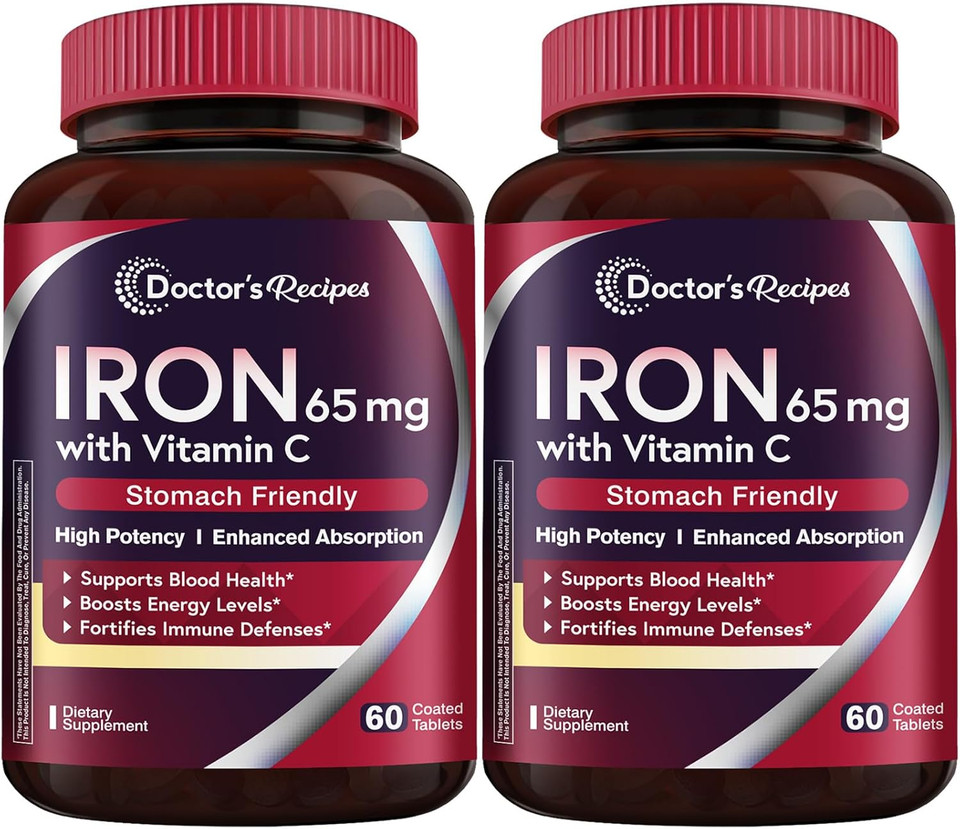 Doctor'S Recipes Iron Supplement 65 Mg With Vitamin C - Maximized Absorption & Stomach Friendly Iron Pills For Red Blood Cells Formation, Heart, Brain & Immunity Health - Vegan Non-Gmo 30 Iron Tablets