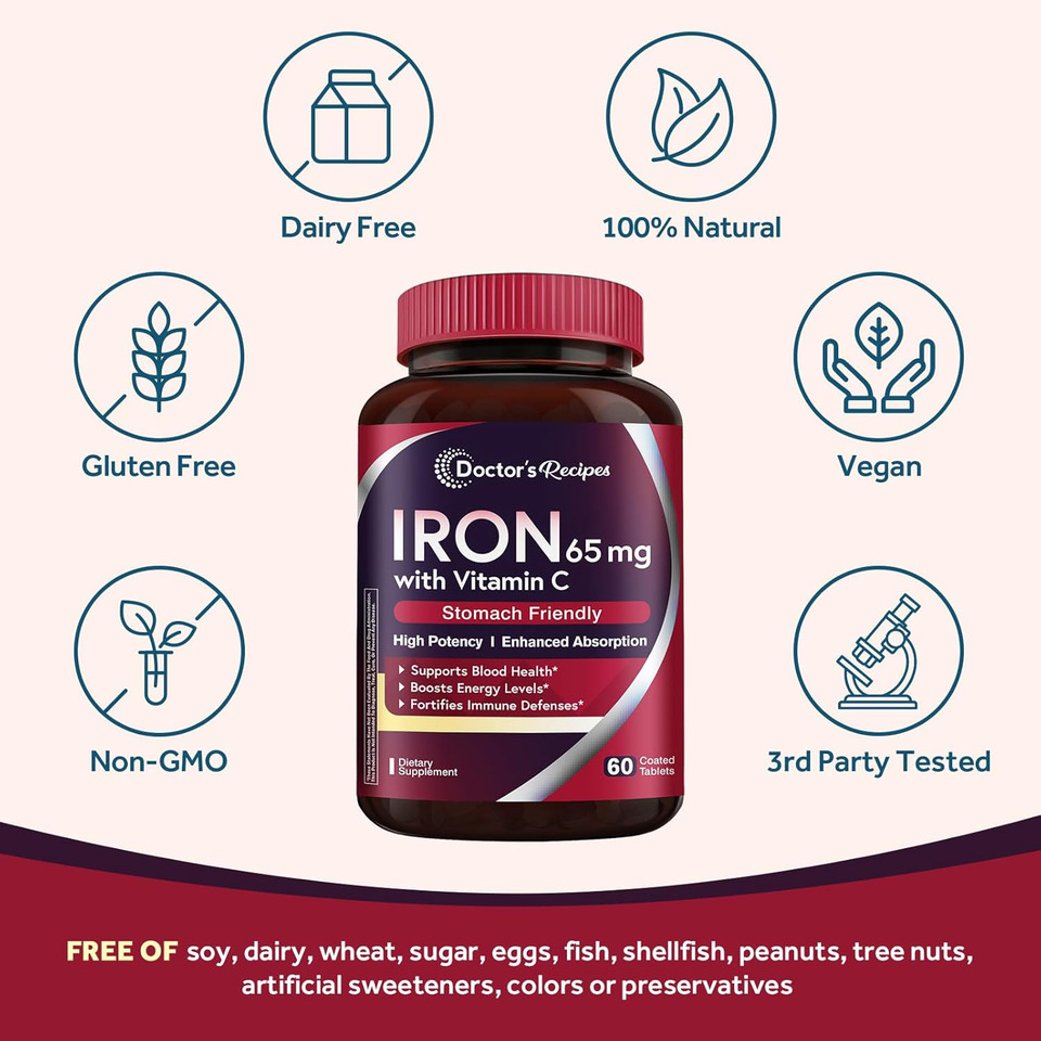 Doctor'S Recipes Iron Supplement For Women Men - Gentle Iron Bisglycinate With Vitamin C, B6, Folate & B12 - Non-Constipating & Stomach Friendly Iron Pills For Blood & Energy Support, 180 Vegan Caps
