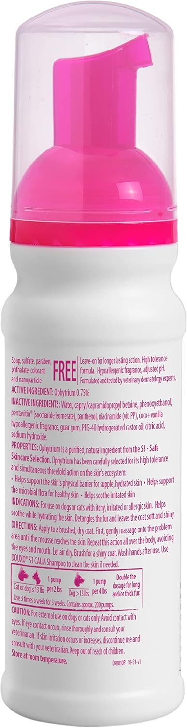 Douxo S3 Calm Mousse, Contains 0.75% Ophytrium, Soothing, For Itchy, Irritated Or Allergic Skin, For Dogs And Cats, 5.1 Fl. Oz. (150Ml)