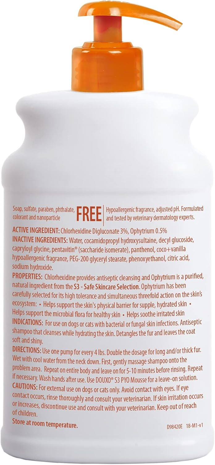 Douxo S3 Pyo Shampoo, Contains 3% Chlorhexidine & 0.5% Ophytrium, Antiseptic & Hydrating, For Bacterial Or Yeast Skin Infections, For Dogs And Cats, 16.9 Fl. Oz. (500Ml)