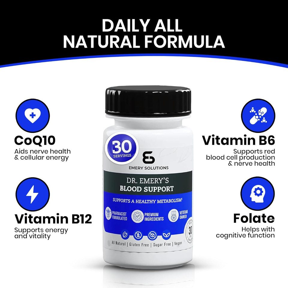 Dr. EmeryS Blood Support - Replenishes Vital Nutrients, Coq10, B6, B9, B12 Vitamins, Non Gmo, All Natural, Keto Friendly - 30 Capsules