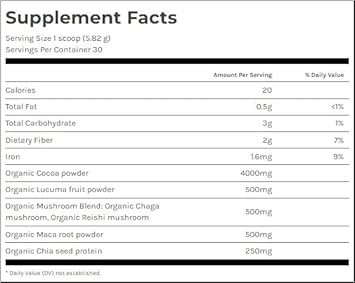 Dr. Fuhrman Chocolate Chaga Superfood Powder  Organic Cocoa + Chaga, Reishi, Maca & Lucuma  Vegan, Gluten-Free, Lightly Sweetened With Monk Fruit  No Added Sugar  4.2 Oz