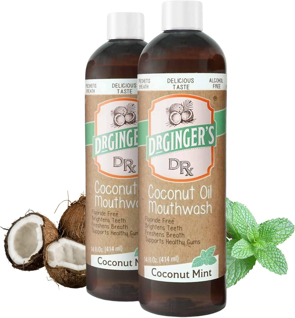 Dr. GingerS Coconut Oil Pulling Alcohol Free Mouthwash - Mint Flavor, 14 Fl Oz, 2Pcs - Support Gum Health, Tongue, And Teeth Whitening For Adults, Fluoride Free, All-Natural, With Xylitol