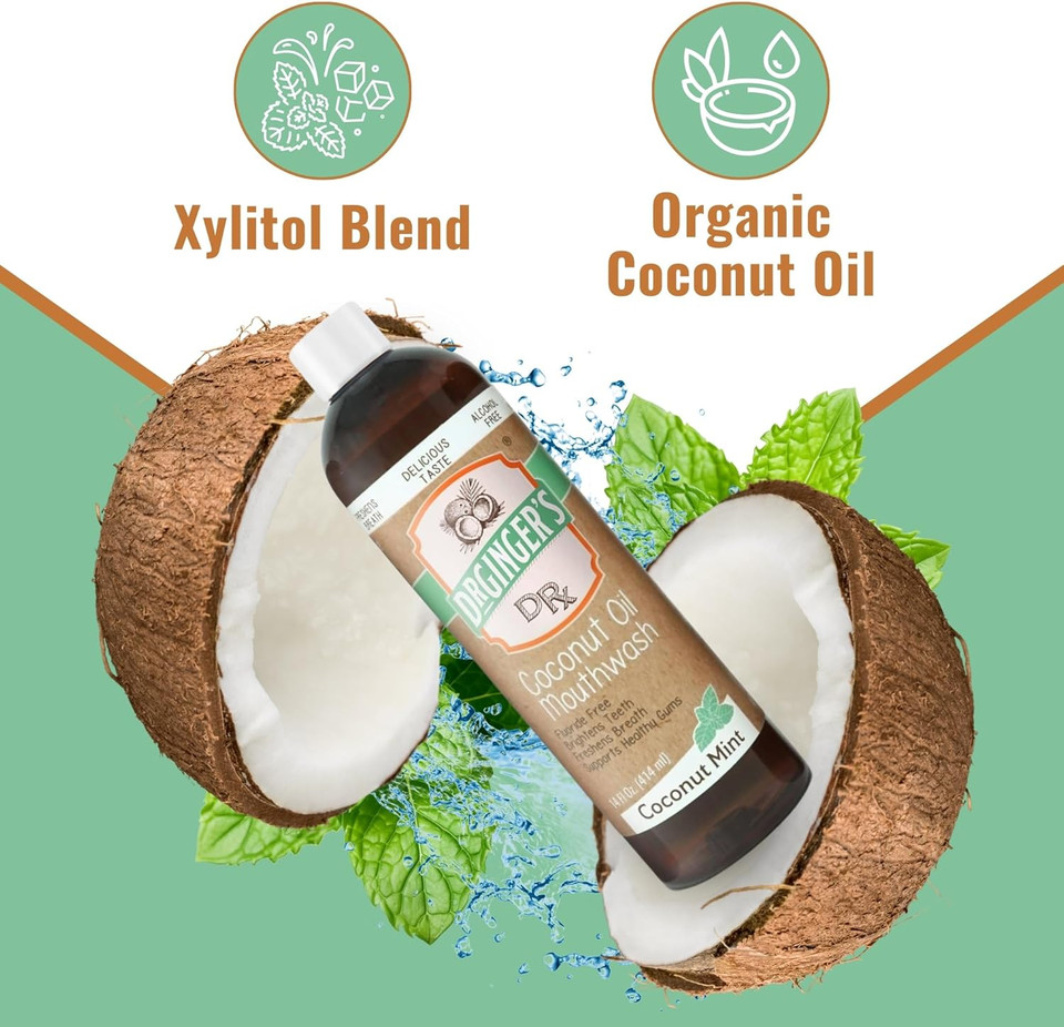 Dr. GingerS Coconut Oil Pulling Alcohol Free Mouthwash - Mint Flavor, 14 Fl Oz, 2Pcs - Support Gum Health, Tongue, And Teeth Whitening For Adults, Fluoride Free, All-Natural, With Xylitol