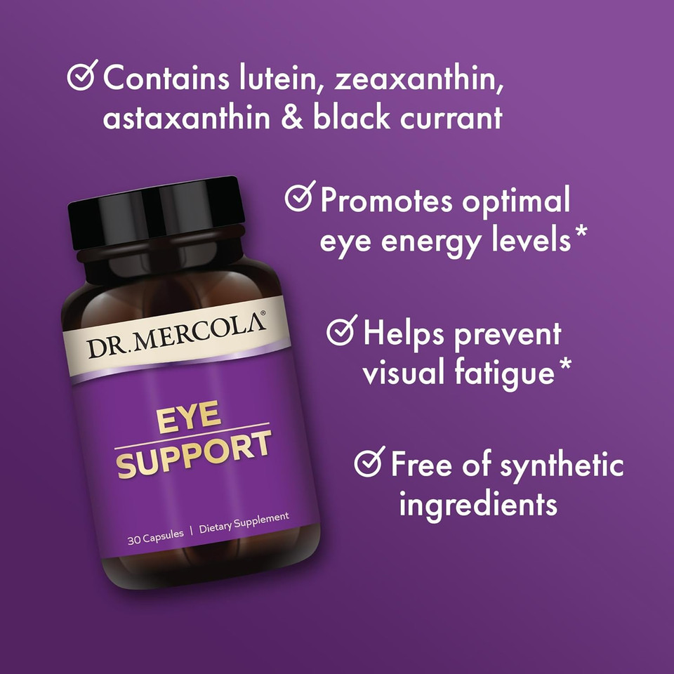Dr. Mercola Eye Support - Supports Eye & Vision Health - With Lutein, Zeaxanthin, Organic Astaxanthin & Black Currant - Non-Gmo, Gluten-Free & Soy Free - 30 Capsules (30 Servings)