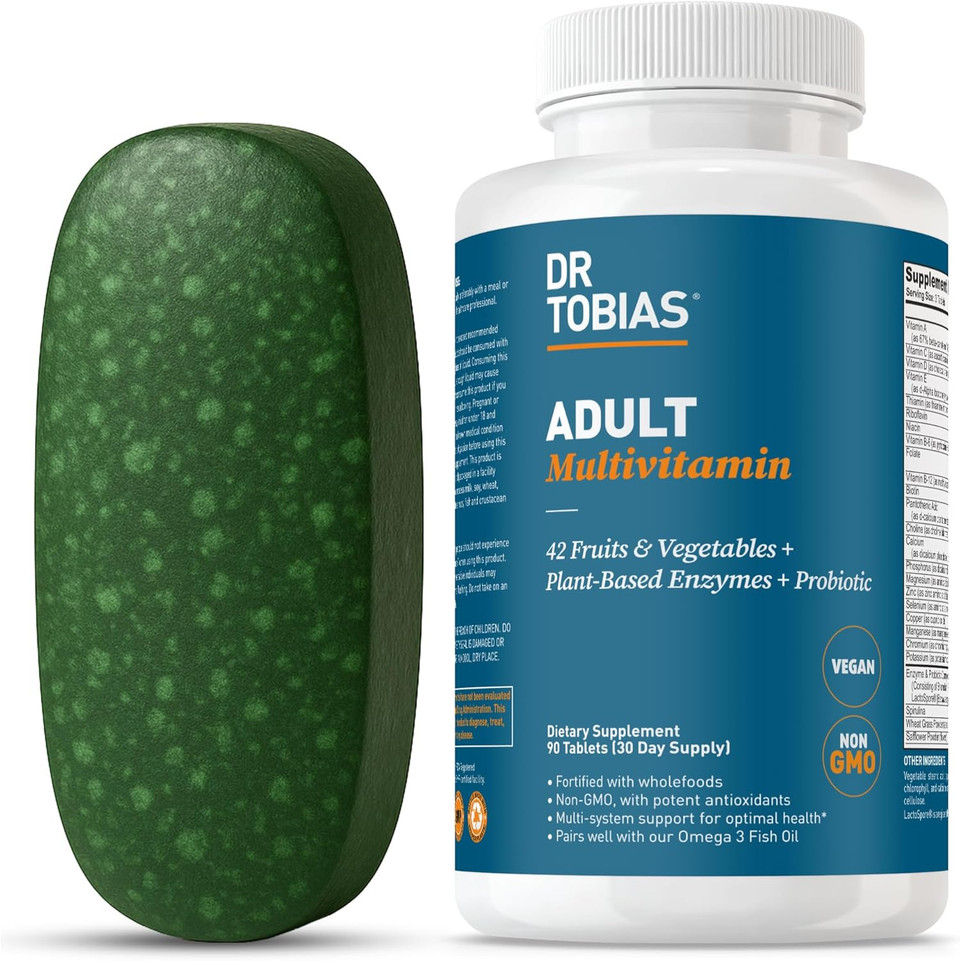 Dr. Tobias Adult Multivitamin For Women & Men, Immune Supporting Vitamins From 42 Fruits, Vegetables, Plus Probiotics, Vegan Multivitamins For Men & Women, Non-Gmo, 180 Tablets, 60 Servings