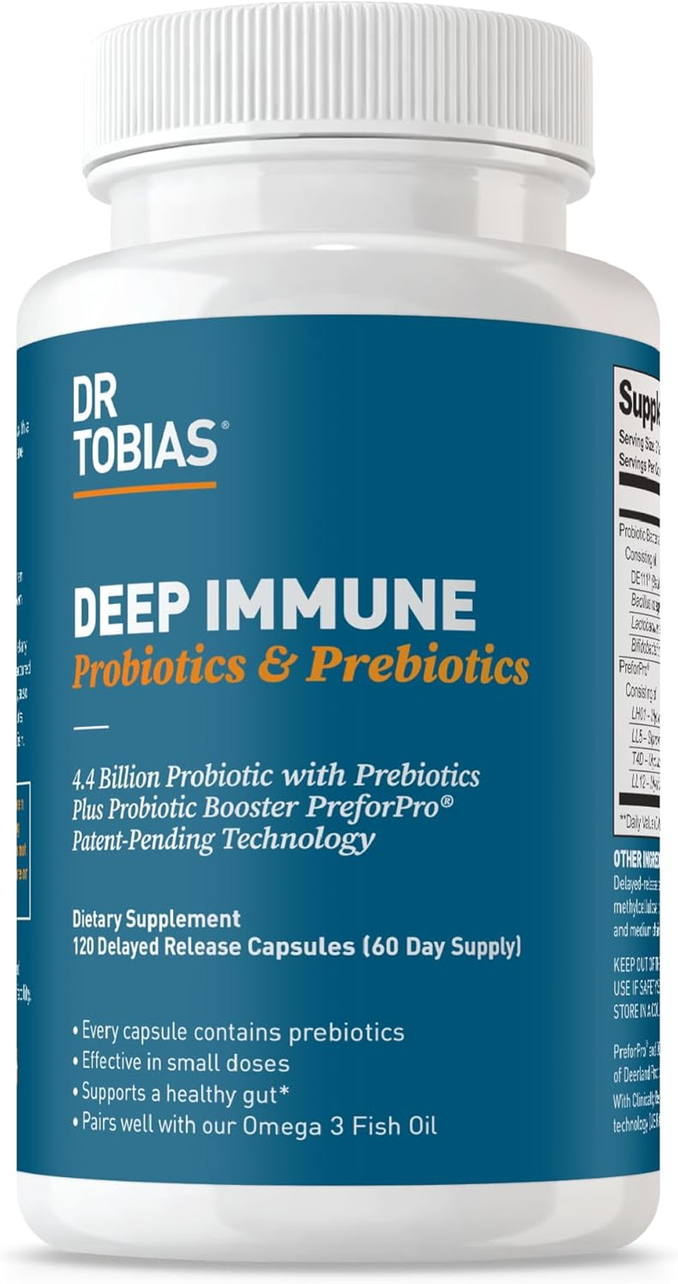 Dr. Tobias Deep Immune Probiotics & Prebiotics, Dual Action Digestion & Immune Support With Preforpro Prebiotics & Delayed Release Spore Forming Probiotics For Women & Men, 120 Capsules, 60 Servings