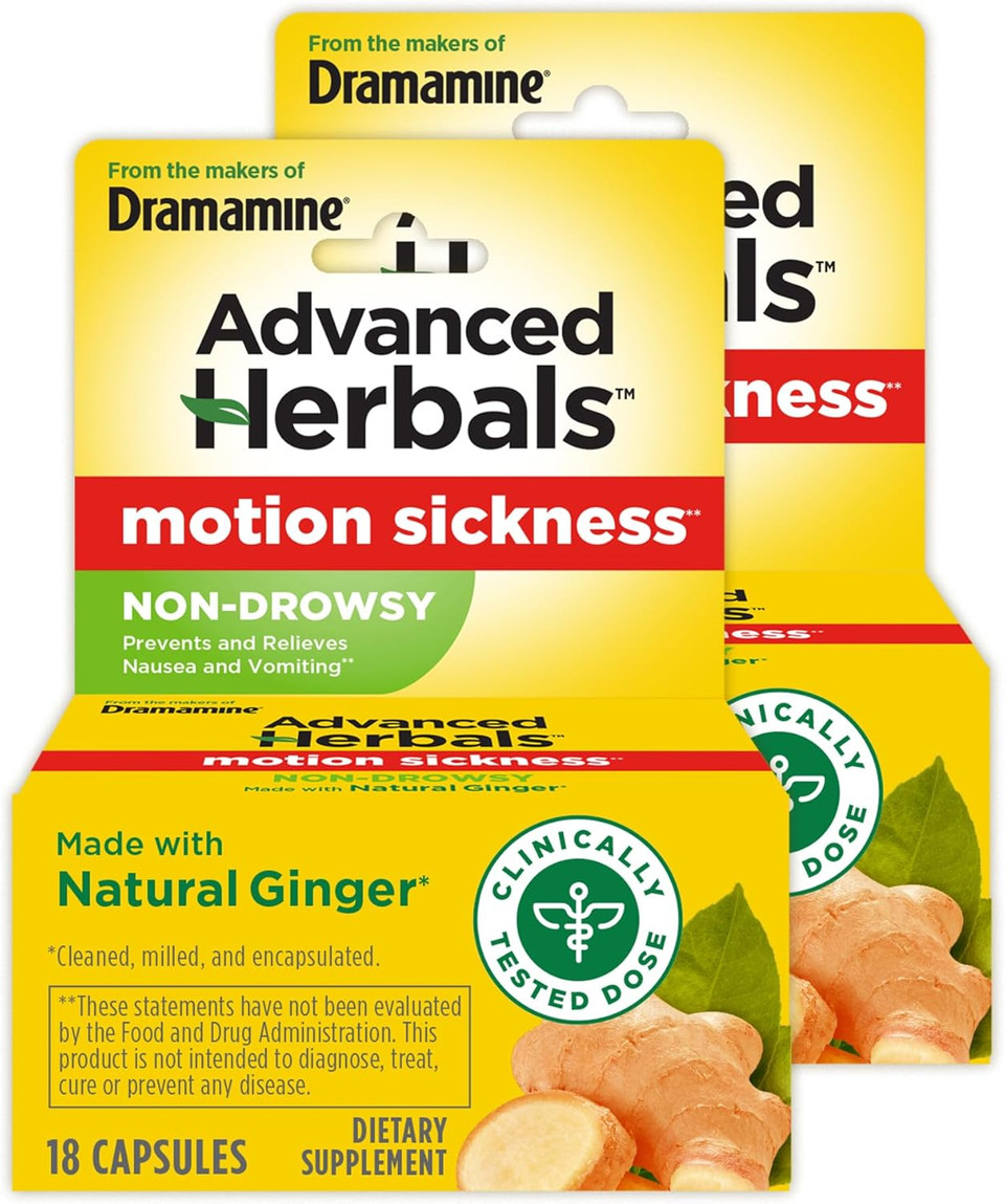 Dramamine Non-Drowsy, Motion Sickness Relief, Made With Natural Ginger, 18 Count & Kids Chewable, Motion Sickness Relief, Grape Flavor, 8 Count