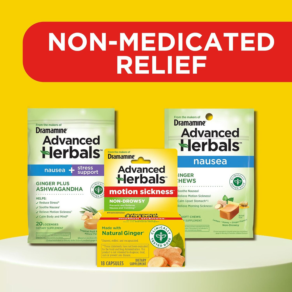 Dramamine Non-Drowsy, Motion Sickness Relief, Made With Natural Ginger, 18 Count & Kids Chewable, Motion Sickness Relief, Grape Flavor, 8 Count