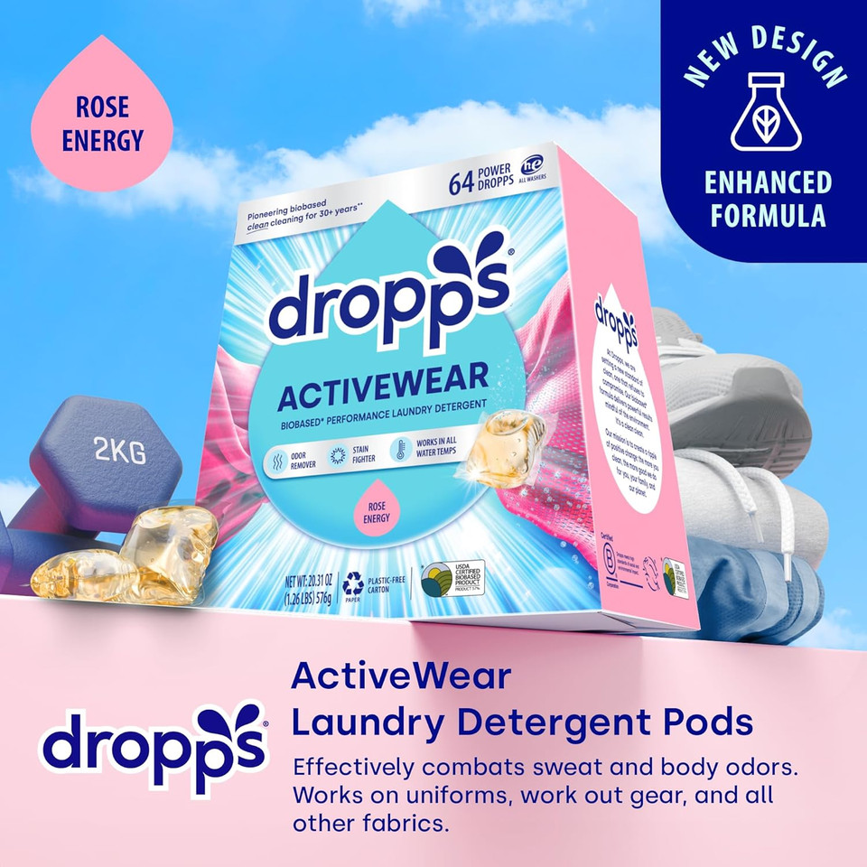 Dropps Activewear Biobased Power Laundry Detergent Pods, Crisp Breeze (120 Count) - Laundry Pods Fights Tough Stains & Odors, Sweat & Dirt - He Compatible Laundry Supplies For Clean Clothes
