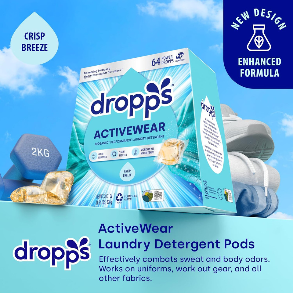 Dropps Activewear Biobased Power Laundry Detergent Pods, Crisp Breeze (64 Count) - Laundry Pods Fights Tough Stains & Odors, Sweat & Dirt - He Compatible Laundry Supplies For Clean Clothes