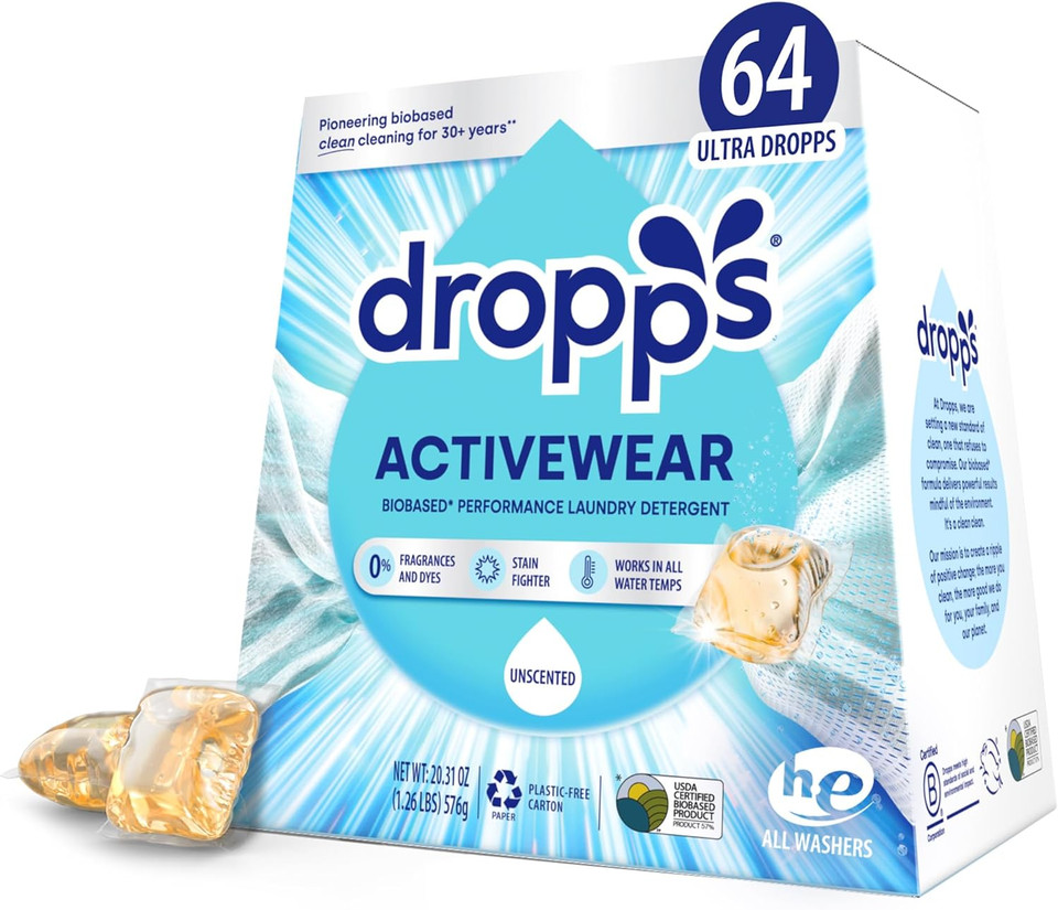 Dropps Activewear Laundry Detergent Pods, Rose Energy (64 Count) - Biobased Power Laundry Pods Fights Tough Stains & Odors, Sweat & Dirt - He Compatible Laundry Supplies For Clean Sport Clothes