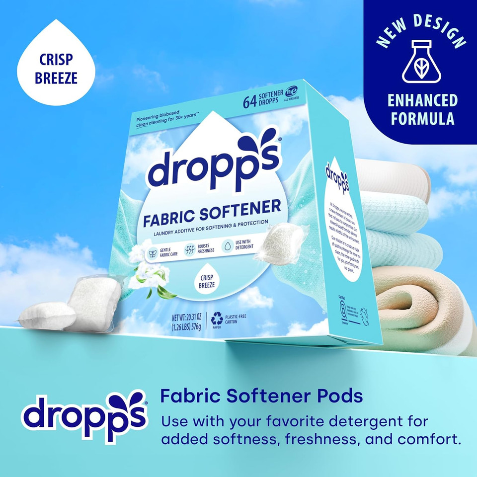 Dropps Laundry Fabric Softener Pods, Unscented (64 Count) - Fabric Softener Liquid Pods For Fluffy, Soft Fabrics - He Compatible Mineral Based Ingredients Laundry Supplies