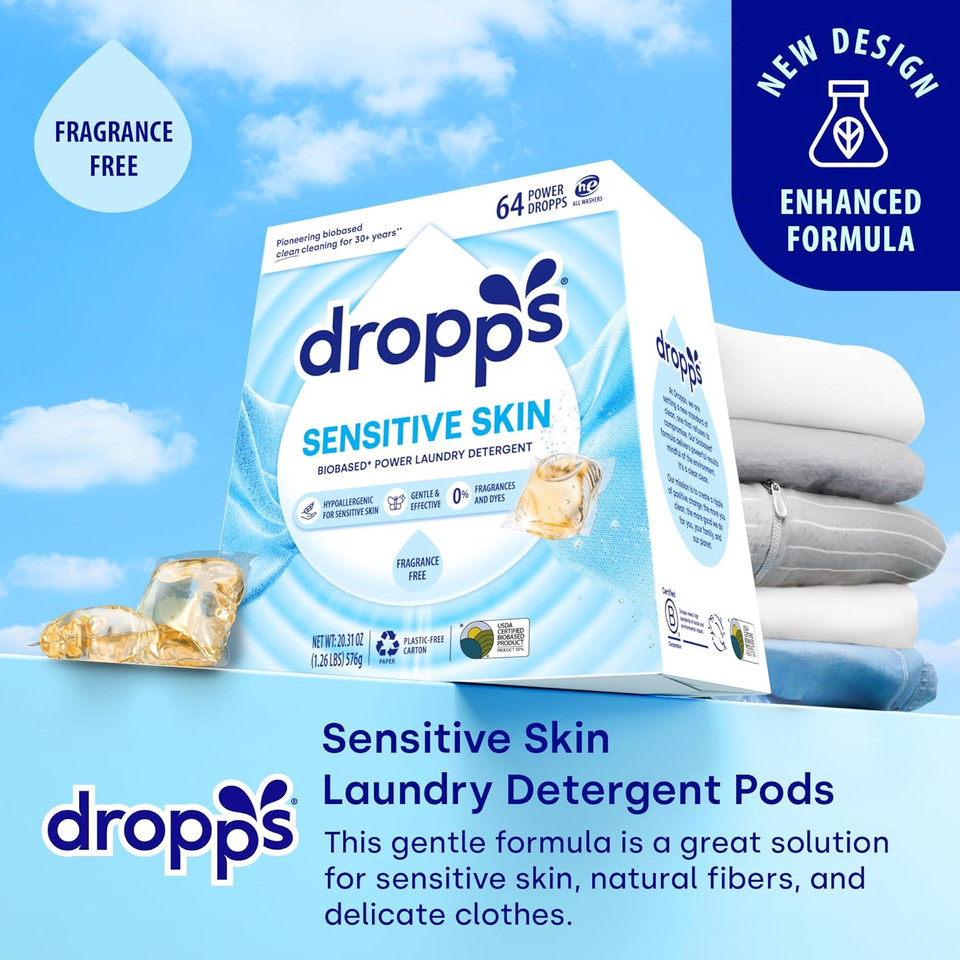 Dropps Sensitive Skin Laundry Detergent Pods, Crisp Breeze (160 Count) - Dermatologist Tested Laundry Pods - He Compatible Laundry Supplies For Clean Clothes, Vegan & Dye-Free
