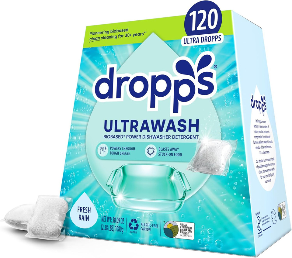Dropps Ultrawash Dishwasher Pods, Fresh Rain (120 Count) - Biobased Power Deep Clean Dishwasher Detergent Tablets For Sparkling Shiny Dishes - No Rinse Aid Or Pre-Wash Needed - Dishwashing Pods